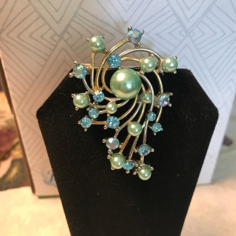 Vintage Brooch Silver-Tone with Baby Blue Pearls and Rhinestones Bohemian